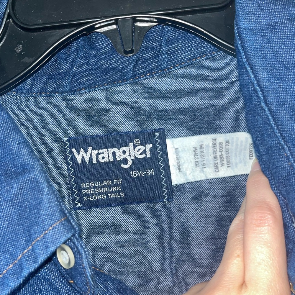 Vintage wrangler classic blue jean pearl snap cowboy cut 16.5/34 western shirt - Picture 4 of 5
